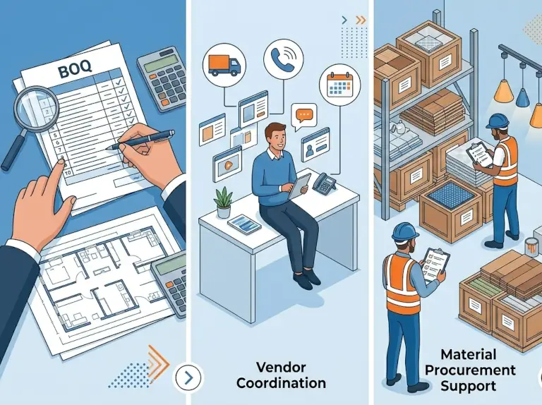 Accurate BOQ preparation, vendor coordination, and material procurement support are crucial services that ensure transparency and cost efficiency for your construction project. We meticulously manage these areas to keep your project on budget and on schedule. Cost Control and Transparency Accurate BOQ (Bill of Quantities) Preparation: We create a precise and detailed list of all materials, labor, and services required for the project. This document serves as a clear financial roadmap, preventing cost overruns and ensuring that every expense is accounted for. It provides a transparent basis for bidding and helps you understand where every dollar is being spent. Vendor Coordination: Our team acts as the central point of contact between you and all suppliers and subcontractors. We handle the communication and logistics, ensuring that materials are delivered on time and that all services are performed according to the project schedule. This seamless coordination minimizes delays and miscommunications that can drive up costs. Material Procurement Support: We provide expert guidance in sourcing the right materials for your project. We find reliable suppliers, negotiate fair prices, and ensure that all materials meet quality standards. By leveraging our industry knowledge, we help you make informed decisions that save money without compromising on the quality or integrity of your build. By combining these services, we provide a streamlined, transparent, and cost-effective process that gives you complete control over your project’s financial health from start to finish.