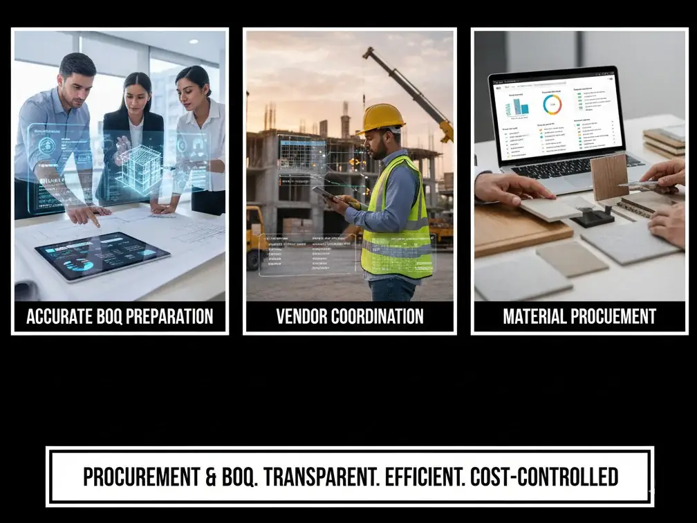Accurate BOQ preparation, vendor coordination, and material procurement support are crucial services that ensure transparency and cost efficiency for your construction project. We meticulously manage these areas to keep your project on budget and on schedule. Cost Control and Transparency Accurate BOQ (Bill of Quantities) Preparation: We create a precise and detailed list of all materials, labor, and services required for the project. This document serves as a clear financial roadmap, preventing cost overruns and ensuring that every expense is accounted for. It provides a transparent basis for bidding and helps you understand where every dollar is being spent. Vendor Coordination: Our team acts as the central point of contact between you and all suppliers and subcontractors. We handle the communication and logistics, ensuring that materials are delivered on time and that all services are performed according to the project schedule. This seamless coordination minimizes delays and miscommunications that can drive up costs. Material Procurement Support: We provide expert guidance in sourcing the right materials for your project. We find reliable suppliers, negotiate fair prices, and ensure that all materials meet quality standards. By leveraging our industry knowledge, we help you make informed decisions that save money without compromising on the quality or integrity of your build. By combining these services, we provide a streamlined, transparent, and cost-effective process that gives you complete control over your project’s financial health from start to finish.
